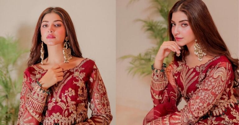 Kinza Hashmi Radiates Elegance in Red Bridal Ensemble by Shurooq Pakistan